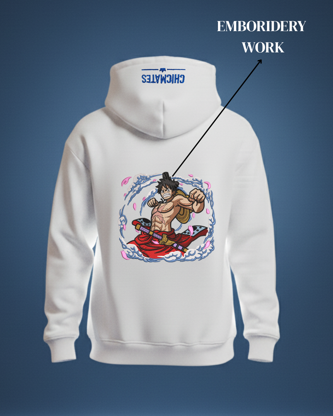 White Hoodie with Anime Embroidery Design – Premium Streetwear by Chicmates