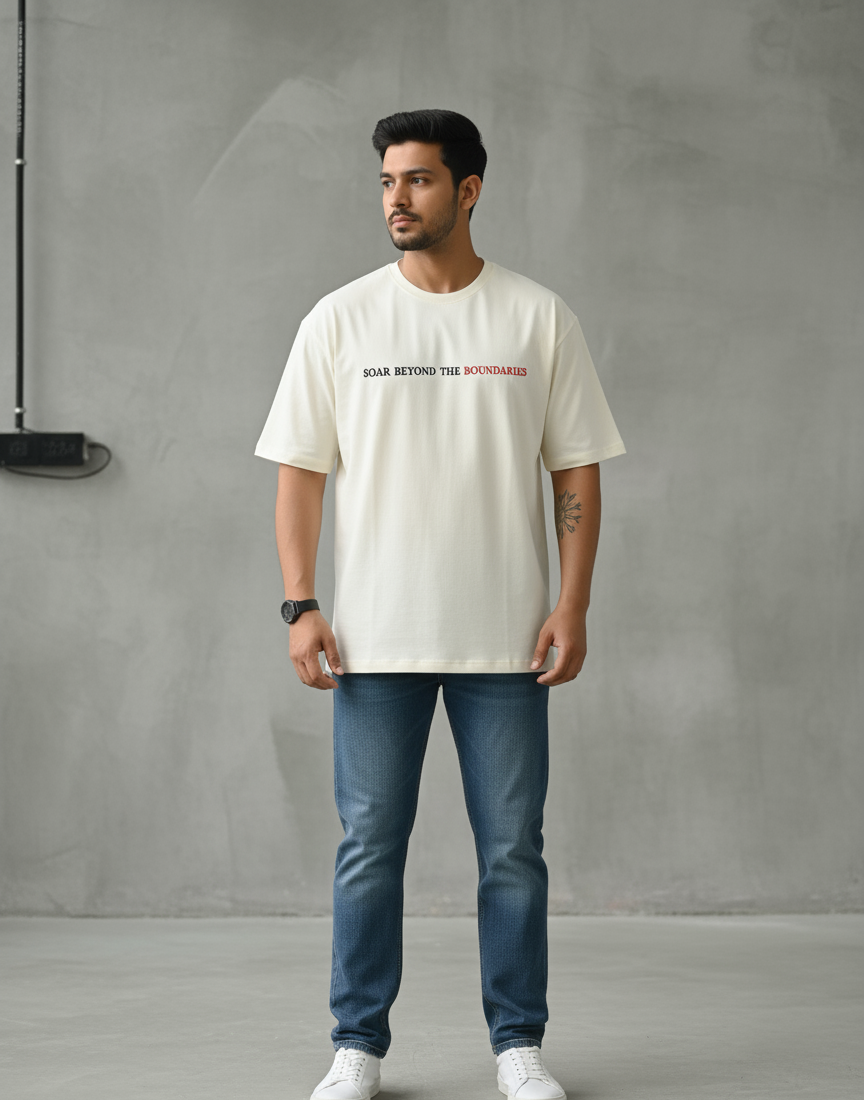 Man wearing a white t-shirt with text and blue jeans against a gray background