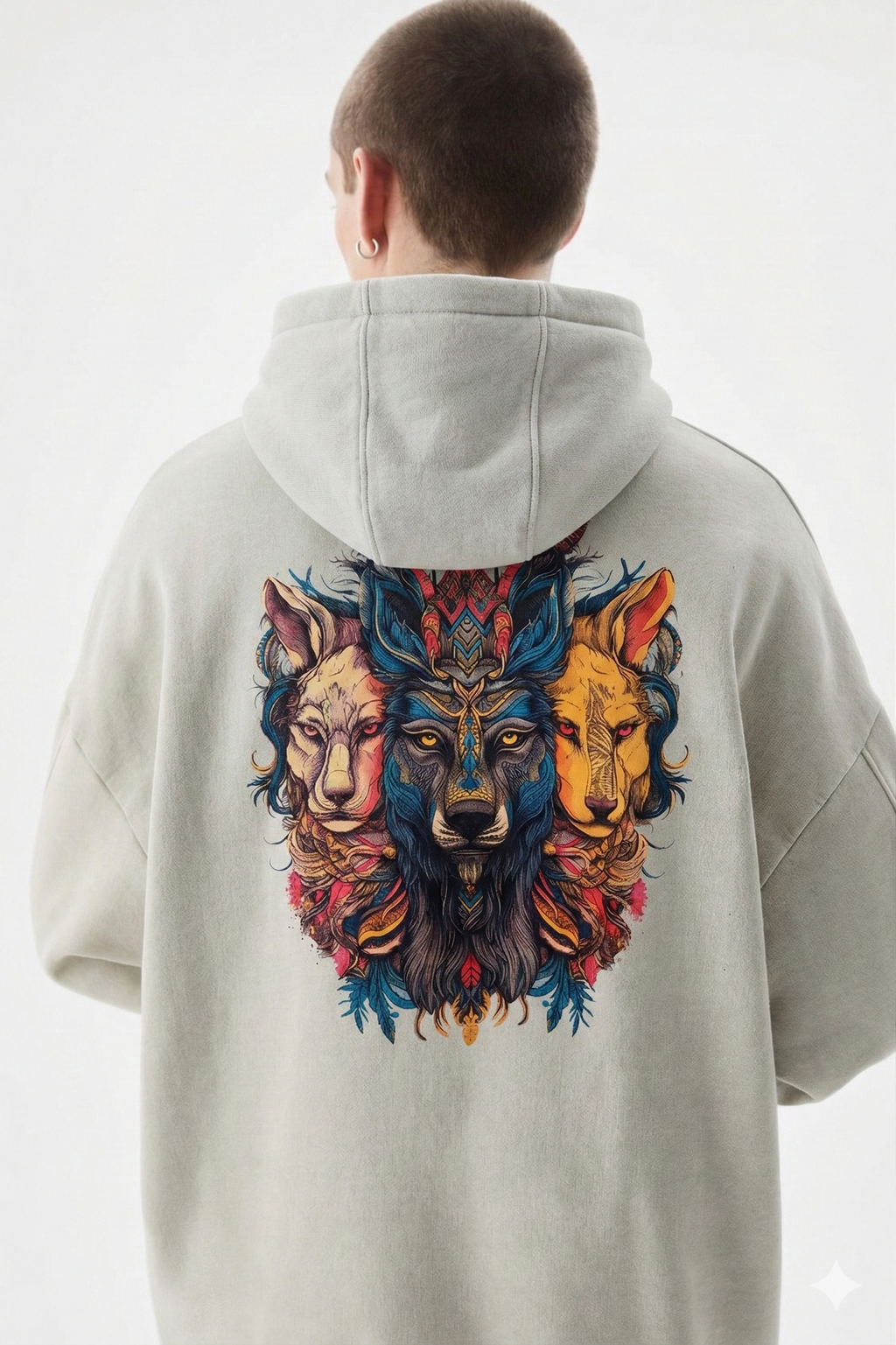 Person wearing a light gray hoodie with a colorful wolf design on the back against a white background