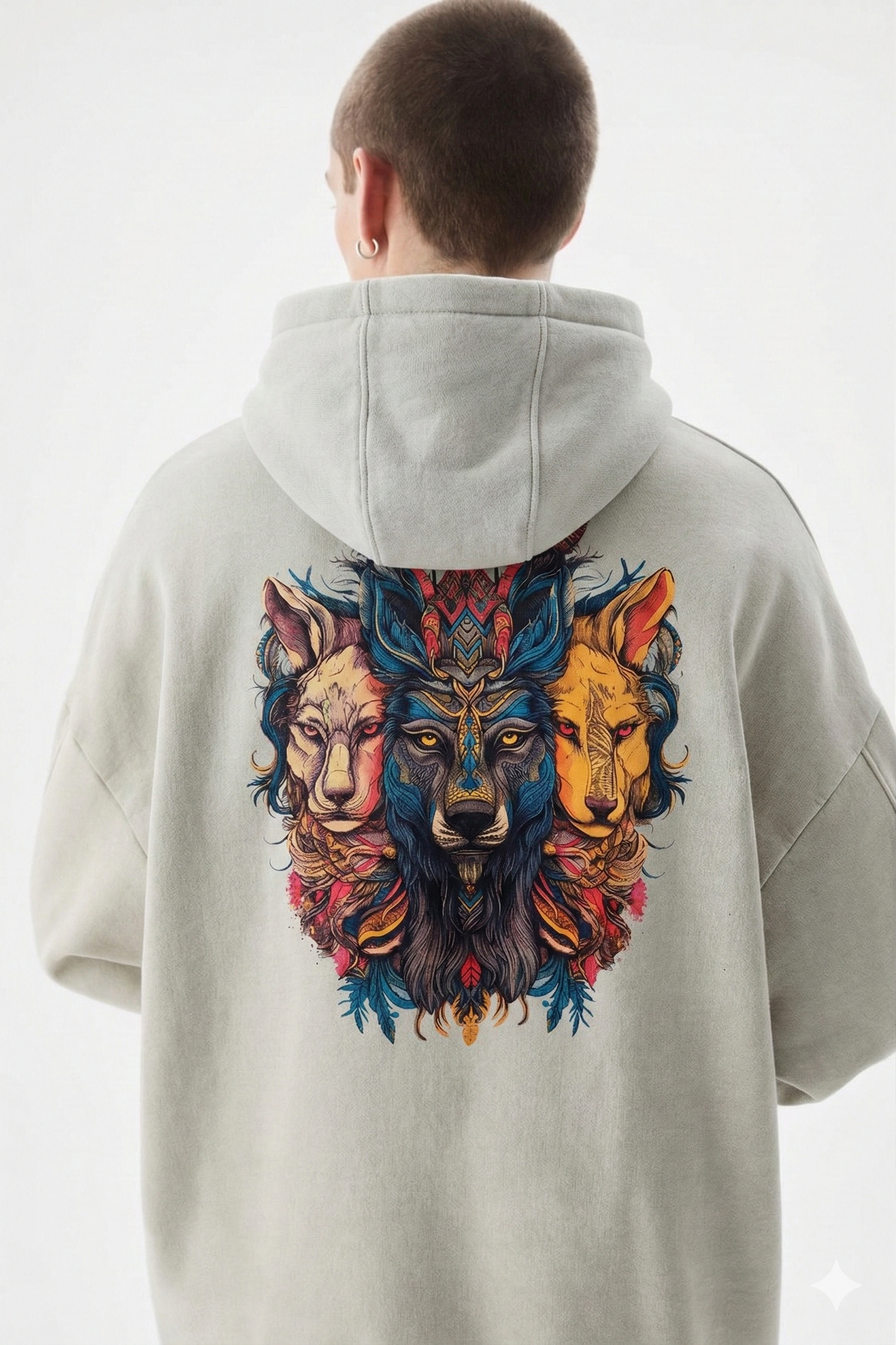 Person wearing a light gray hoodie with a colorful wolf design on the back against a white background