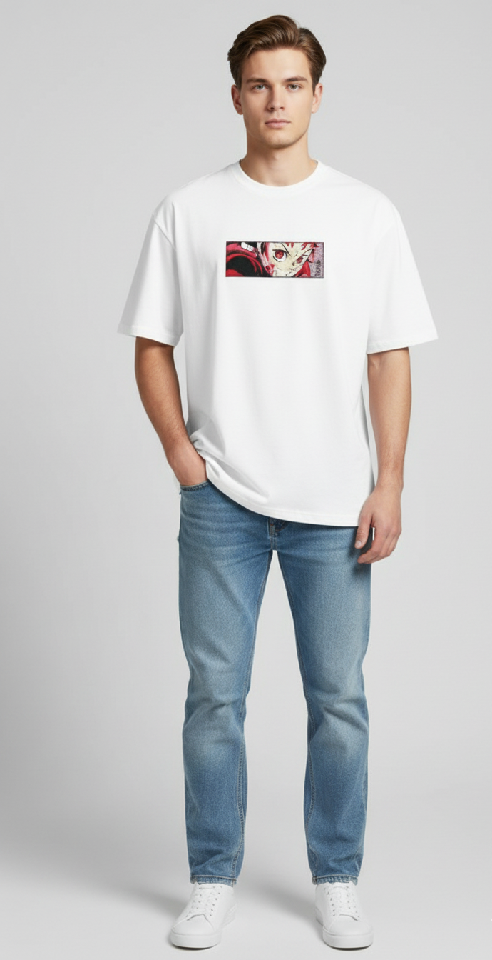 Man wearing a white t-shirt with a graphic design and blue jeans on a gray background