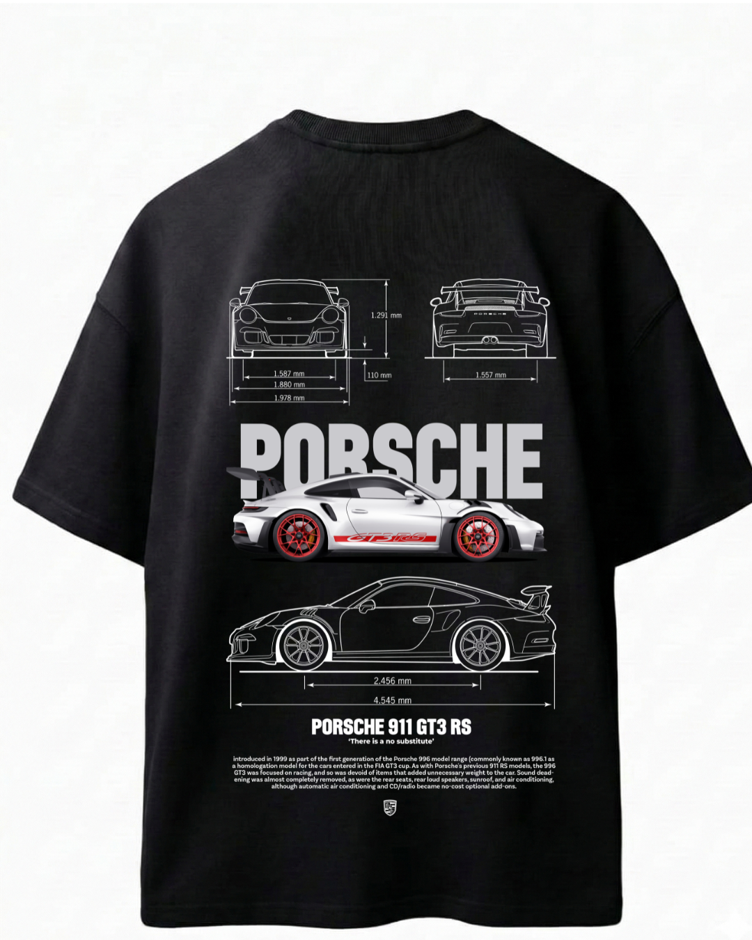 Porsche 911 GTS RS Blueprint Graphic Oversized Black T-Shirt