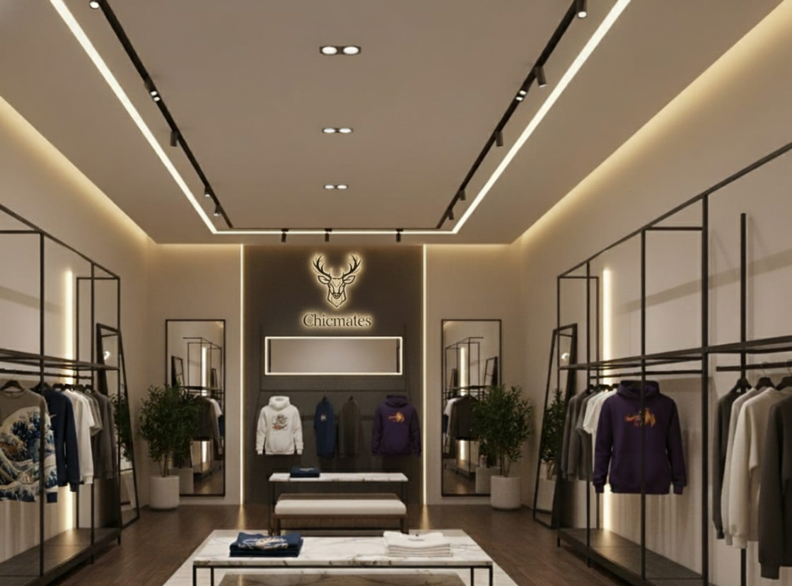 Modern clothing store interior with branded wall and racks displaying clothes.