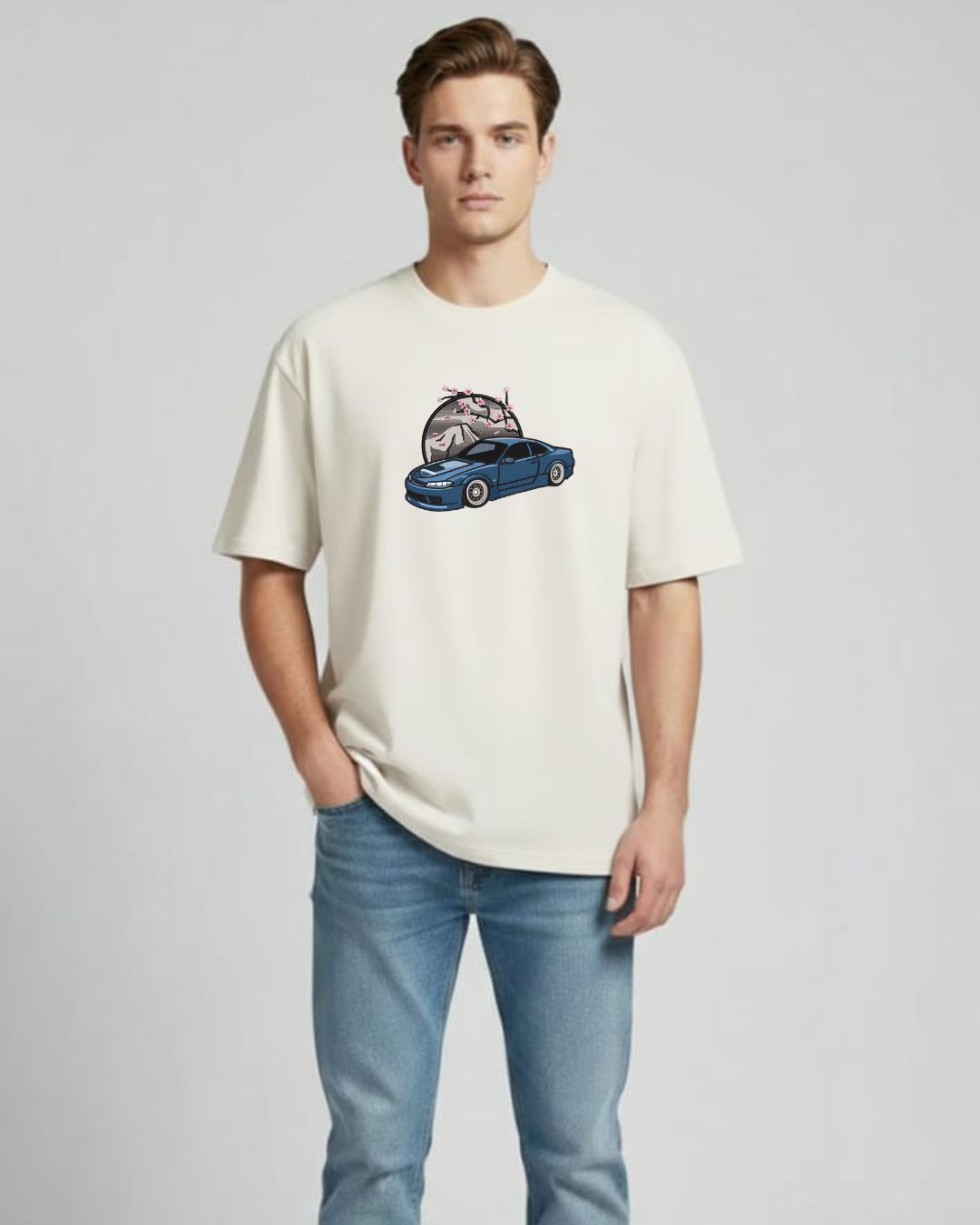Men’s Car Embroidered T-Shirt | Oversized Streetwear Cotton Tee for Car Lovers | Premium Japanese Drift Design