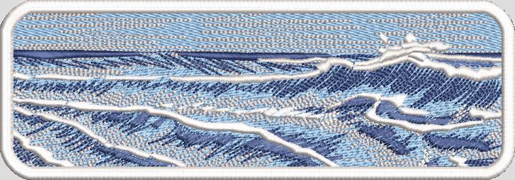 Embroidered patch with blue and white wavy pattern