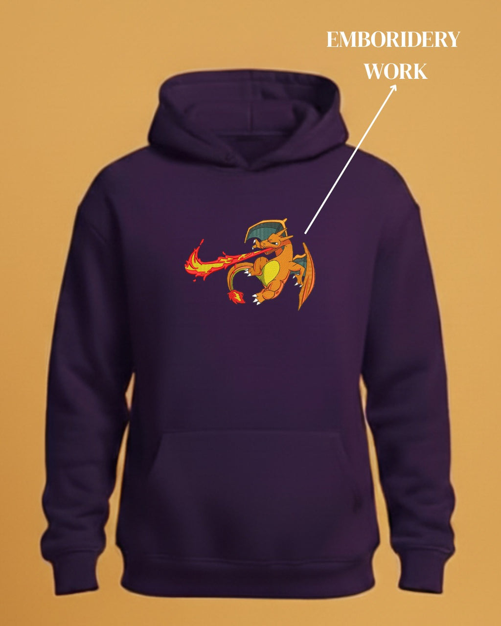 Purple hoodie with embroidered dragon design on a beige background