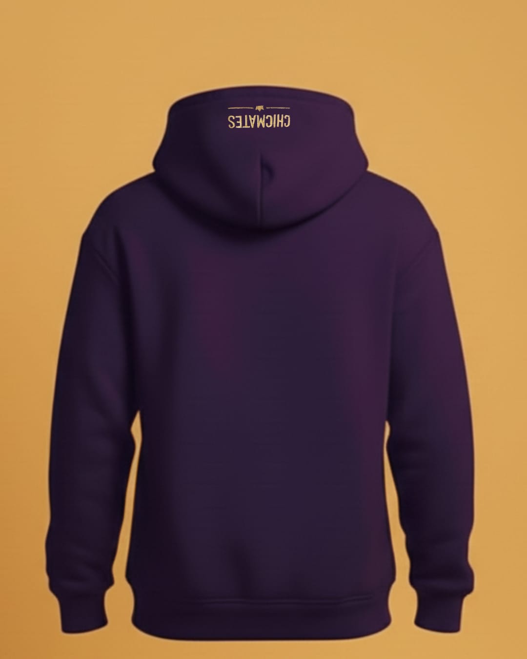Purple hoodie with a brand logo on the back against a mustard yellow background