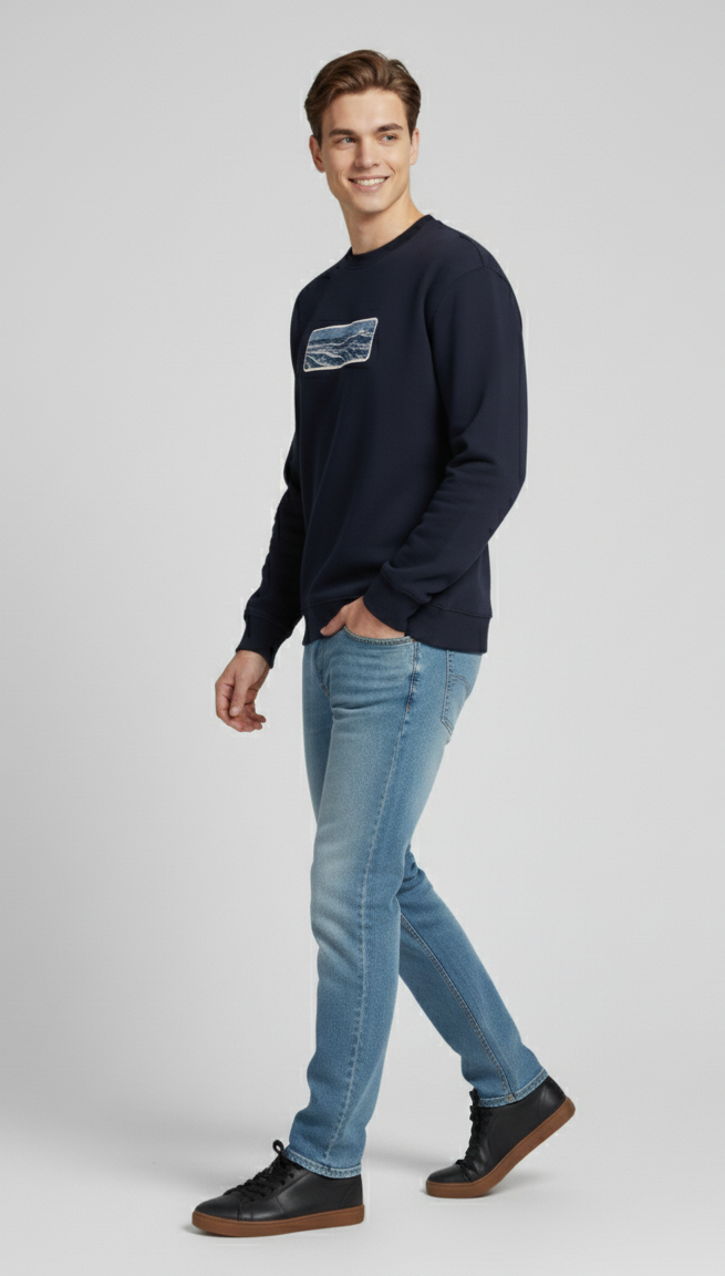 Luxury Navy Blue Embroidered Wave Sweatshirt for Men | Chicmates Premium Streetwear