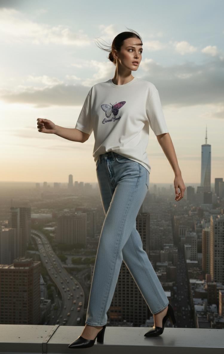 Woman wearing a white t-shirt with a butterfly design and blue jeans, standing against a city skyline.